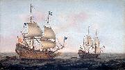 Jacob Gerritz. Loeff, Monogrammist JGL French man-of-war escorted by a Dutch ship in quiet water Sweden oil painting artist